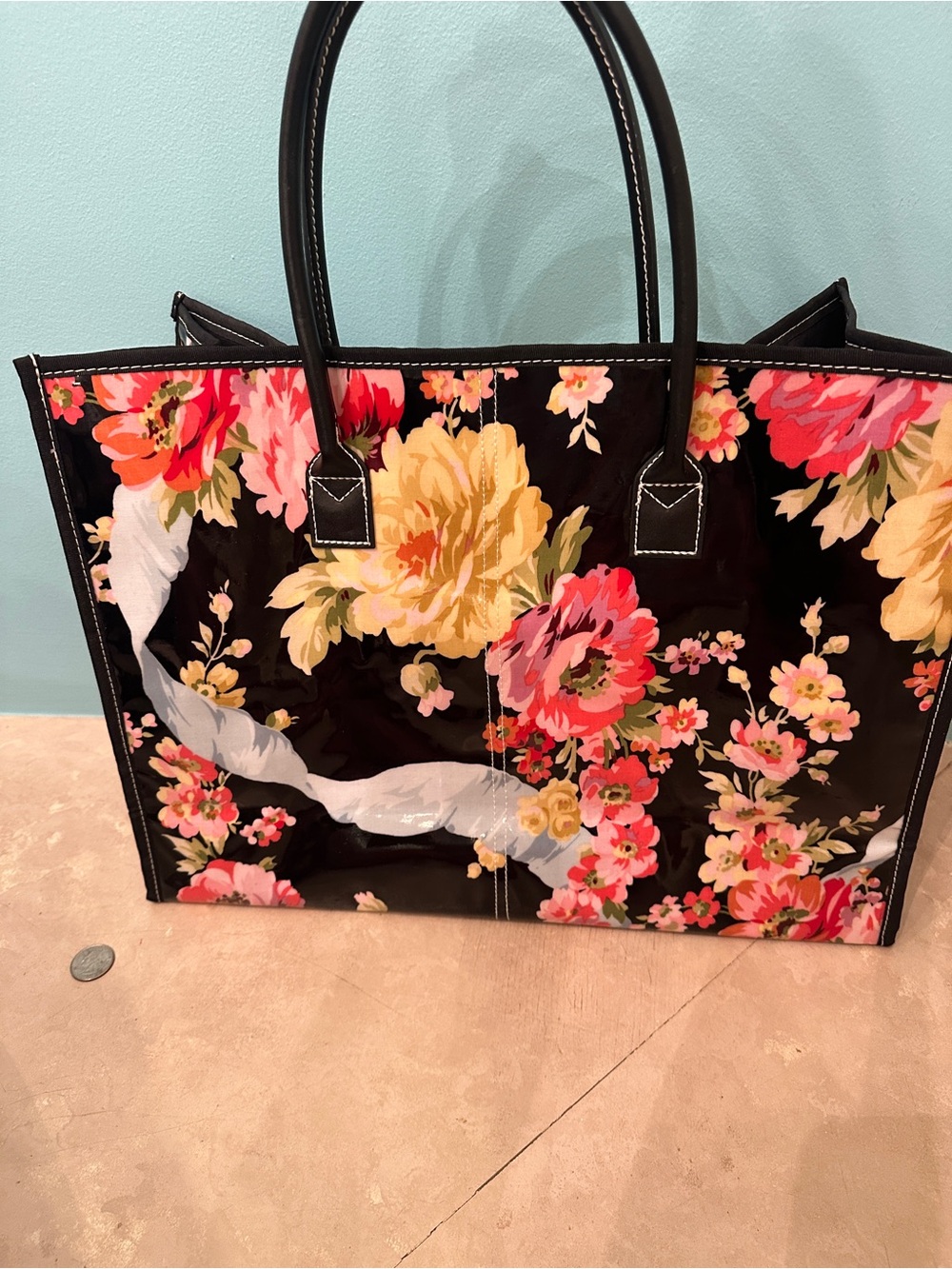 Anna Griffin Black Floral Tote Bag with Pink & Yellow Blooms - Picture 3 of 6
